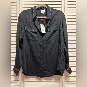 Johnny Was Jade Black Western Shirt with Silver Grommet Trim/Turquoise Button.